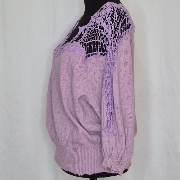Free People Lavender Love Lace Crochet Peasant Sweater Top Shirred Waist- Size M - Picture 6 of 14